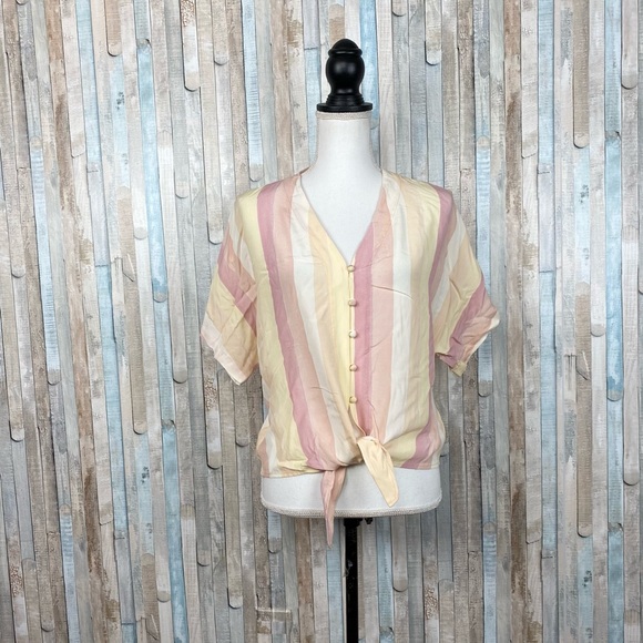 Rails XS Sunrise Stripe Pastel Button Down Tie Front Crop Thea Top Blouse - Picture 2 of 15